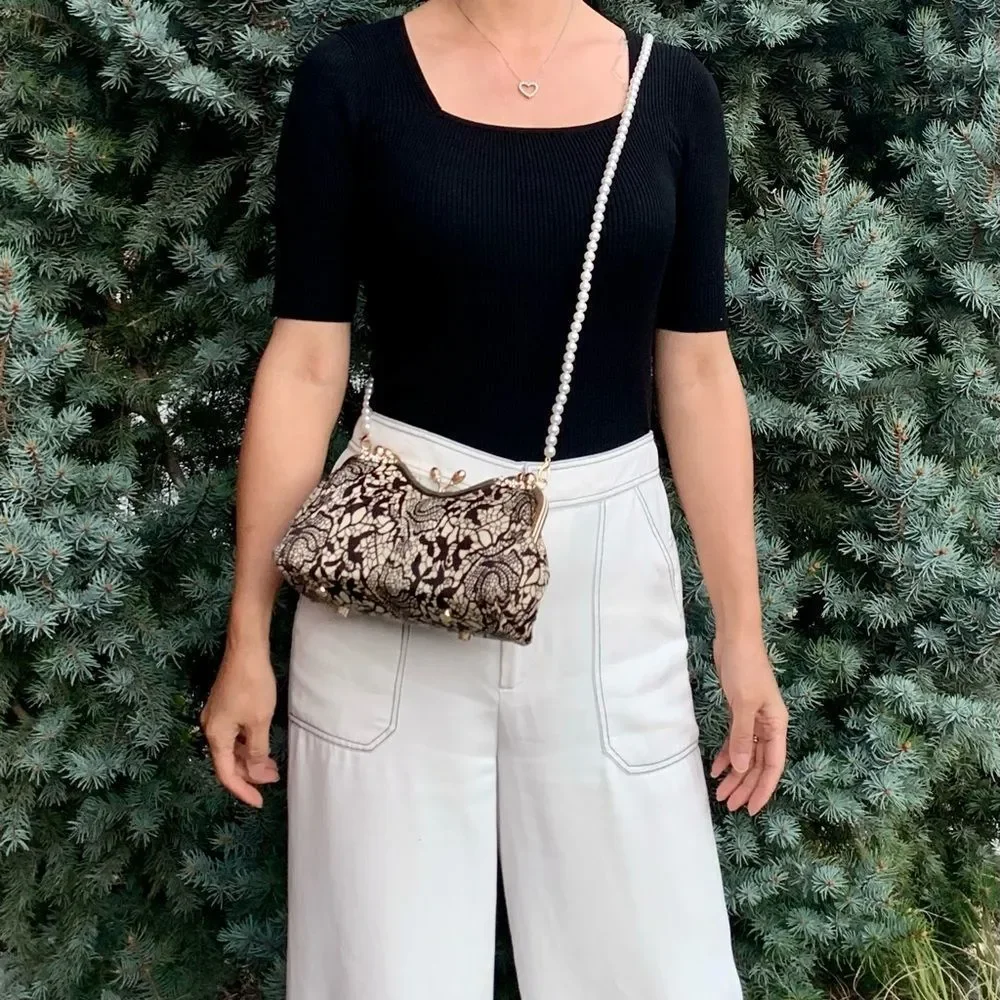 Handmade Real hair-on-horsehide Black Lace Print Kisslock Clutch/Crossbody - Picture 10 of 16